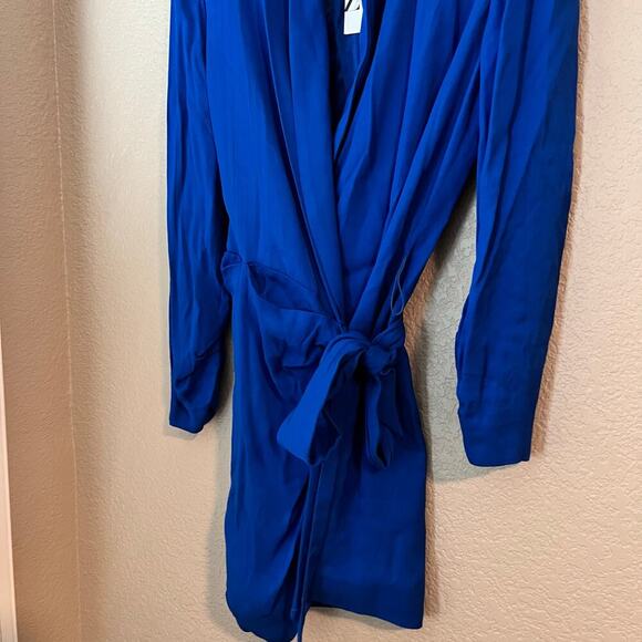 New Zara Blazer Wrap Shirt Dress Ruched Royal Blue Long Sleeve XL NWT - Picture 6 of 10